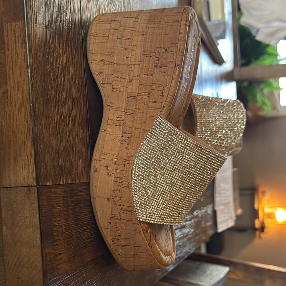 Madden Girl Gold Rhinestone Cork Wedge Sandals